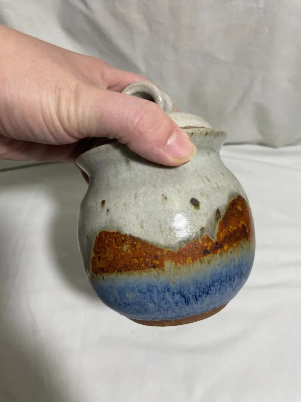 Vintage MCM Studio Stoneware Lidded Sugar Jar Spoon Notch Floral Chop Mark